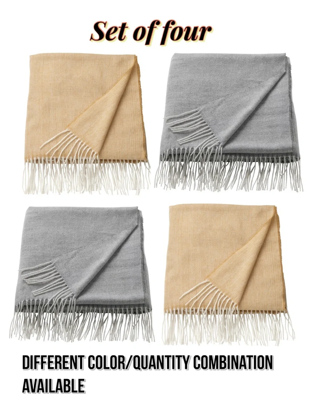 Set of Reversible Fringe Throws - Beige and Light Gray